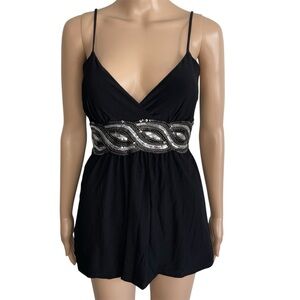 Sua Y2K Black & Silver V-Neck Strappy Sleeve Tie Back Sequin Babydoll Tank Top